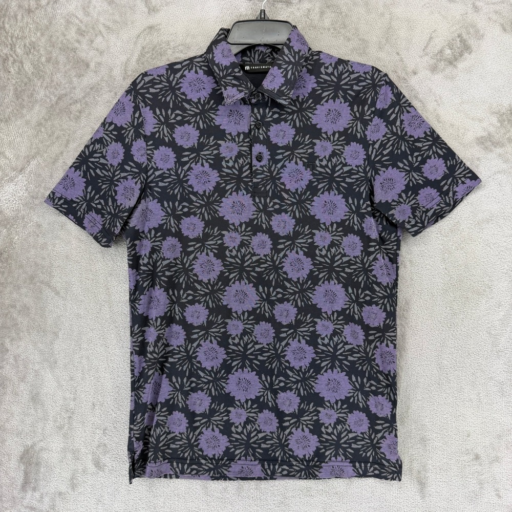 TravisMathew Polo Shirt Mens Small Purple Black Floral Short Sleeve 1MAA400